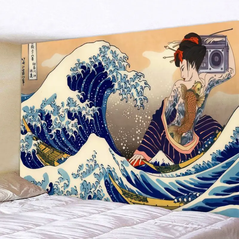 Japanese Kanagawa Surfing Koi Carp Tapestry Ukiyo E Vintage Wave Beauty Background Cloth Warm Room Decoration