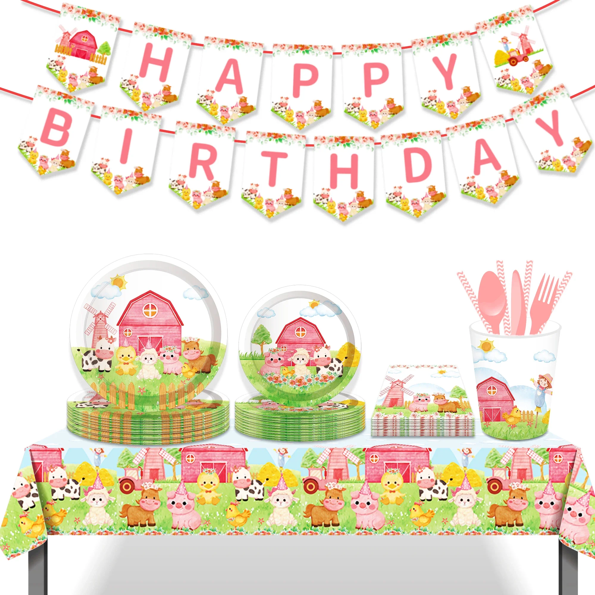 Pink Cartoon Farm Animals Birthday Party Disposable Tableware Sets Dinnerware Cups Plates Napkins Baby Shower Party Supplies