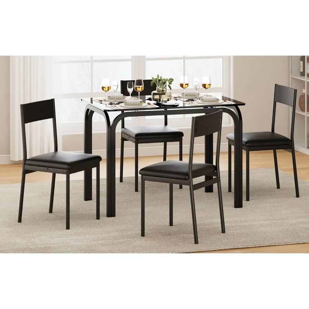 Dining Table Set with Black Glass Table and 4 PU Cushion Top Chairs,5-Piece Dinette Sets,dinning tables sets