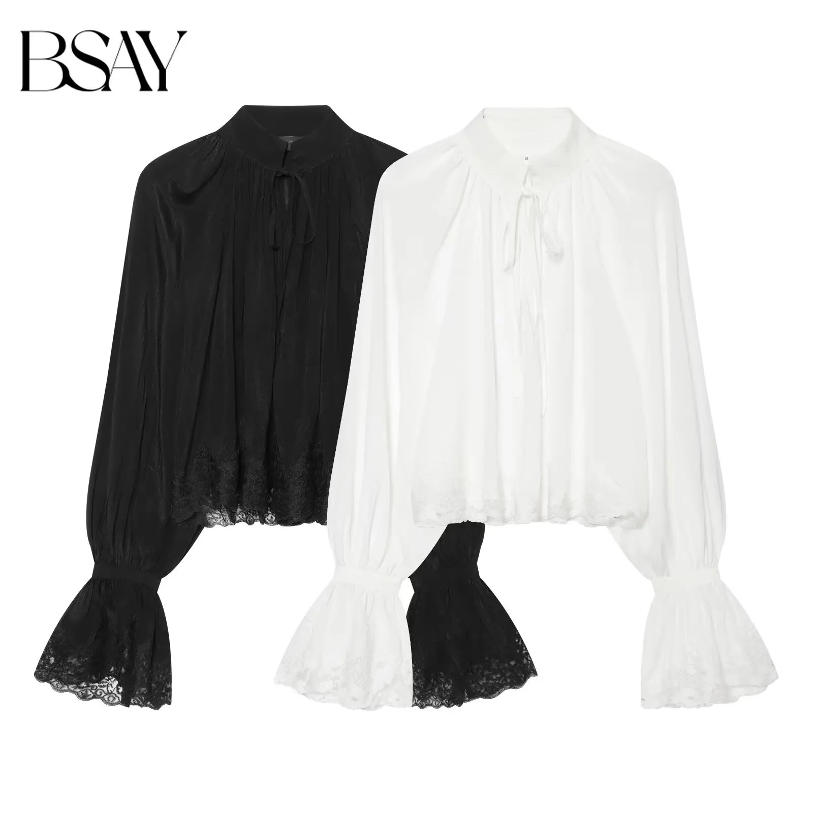 BSAY 2026 Autumn New Women Romantic Fashion Blouse Stand Collar Tie Neck Flare Long Sleeve Lace Hem Loose Casual Cropped Shirt