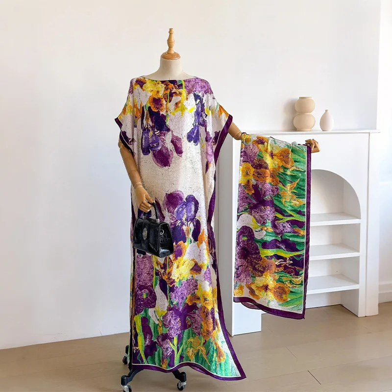 Women's Summer Fashion Kaftan Dress with Big Scarf Loose Muslim Ladies Abaya African Casual Flower Shawl Robe by MOOMOO