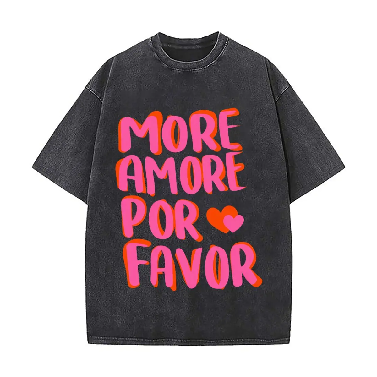 More Amore Por Favor Pink Heart Lettering Washed Distressed Loose Streetwear Tops for City Walks