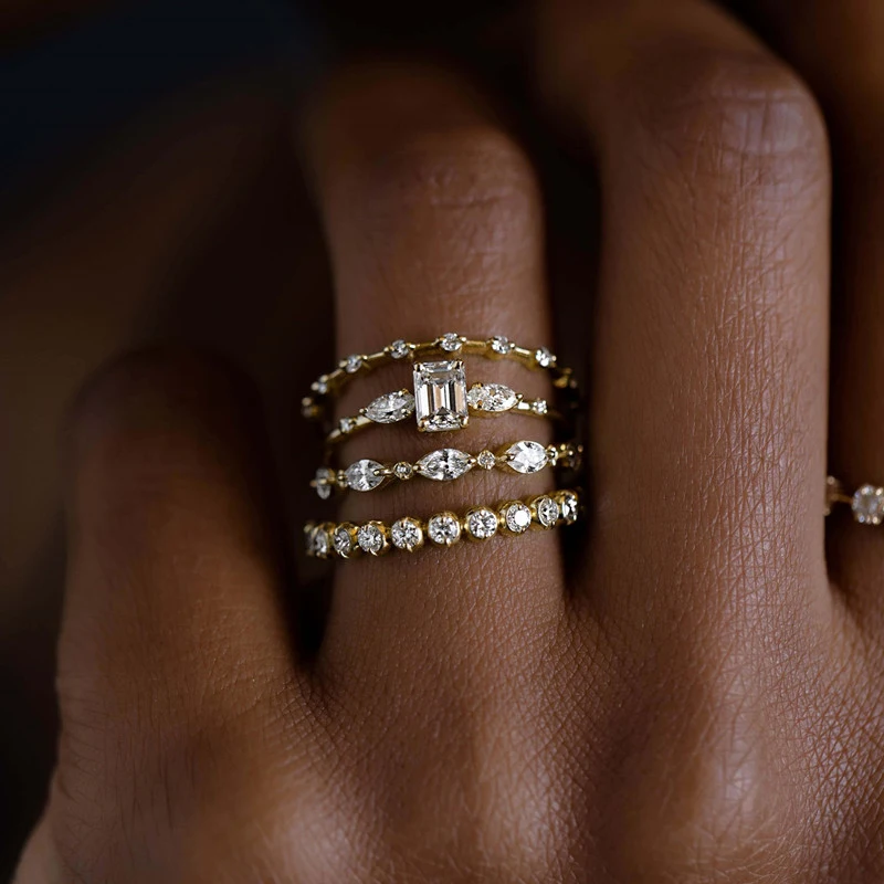 2026 Luxury 4Pcs Set Rings for Women Temperament Gold Color Wedding Accessories with Shiny Cubic Zirconia Statement Jewelry