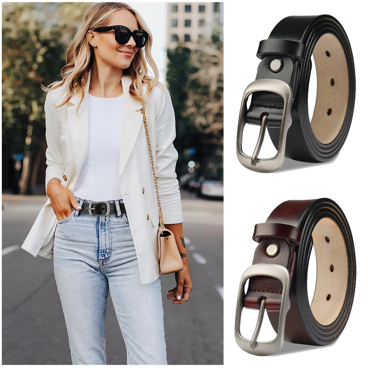 Women's Vintage Rounded Metal Pin Buckle Waist Belt, Solid Smooth Casual Decorative Strap,  Daily Commute Outfits