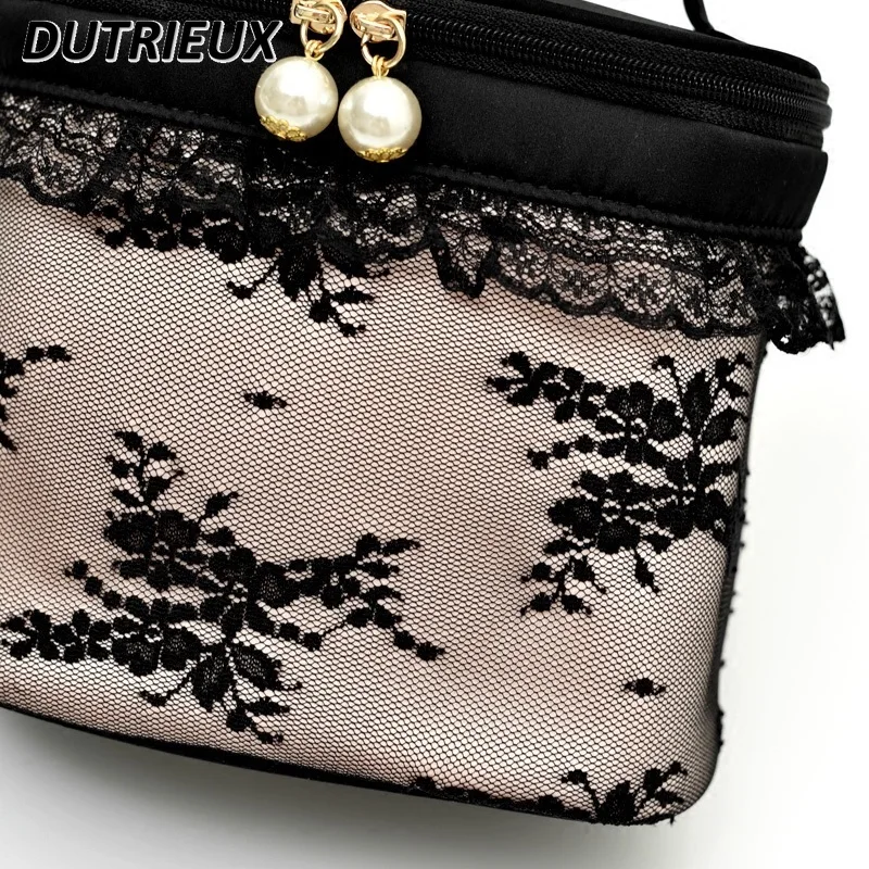 2024 New Make Up Case Sweet Cute Black Lace Portable Women\'s Cosmetic Bag Barrel Lace Pearl Decoration Medium Makeup Cases