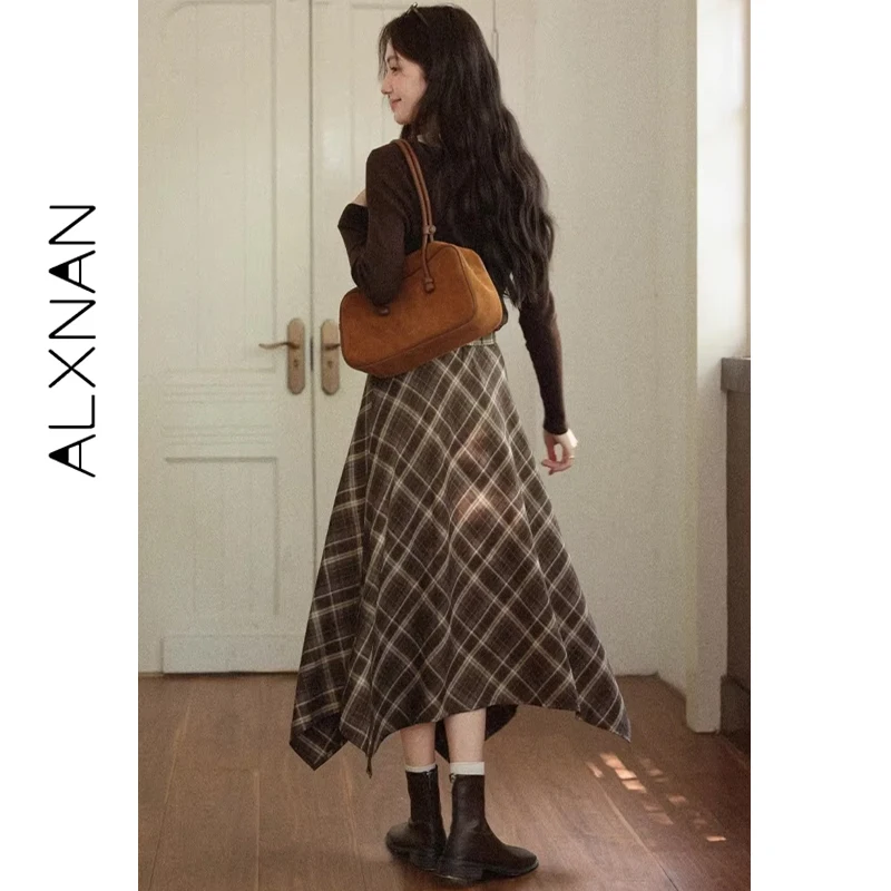 ALXNAN Damenrock, kariert, hohe Taille, unregelmäßiger Saum, A-Linie, 2025, Herbst, schlanker, Damen, sanfte weibliche lange Röcke, L57278