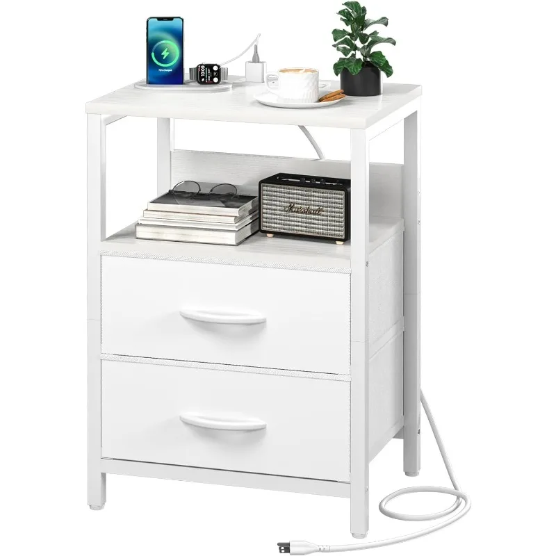 Nightstand with Charging Station, Small Night Stand with Fabric Drawers and Storage Shelf for Bedrooms, Small Spaces