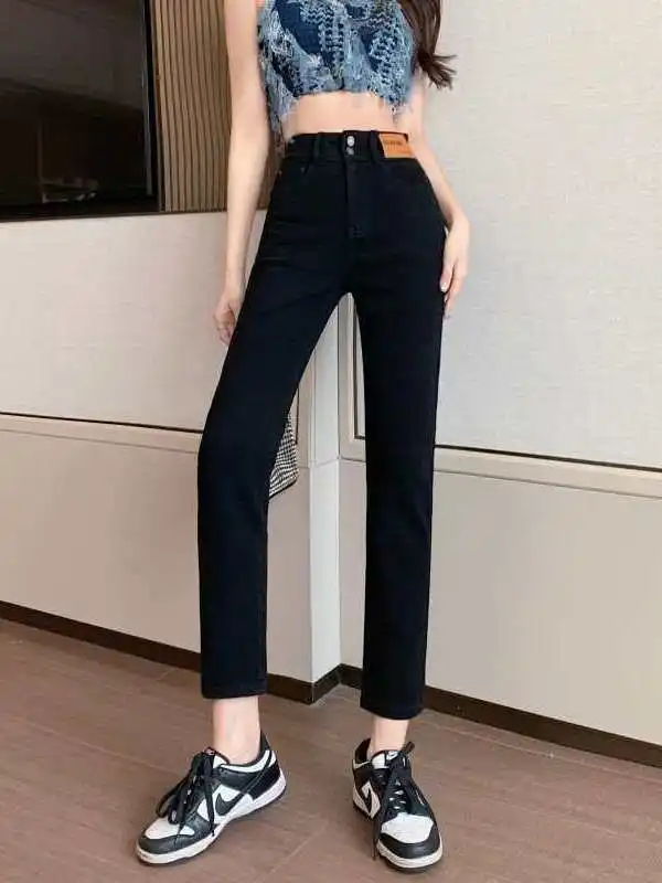 

Ele High Waist Slim Fit Women's Jeans Faion Spice Girl Trendy Cleanfit Sle Mid-aged plus Size Medium Stretch PU Bla