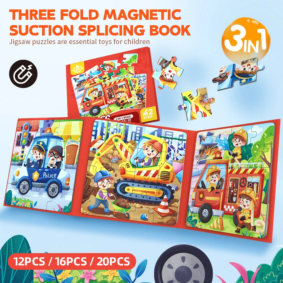 

A Foldableing Magnetic Puzzle Book with Three-In-One Puzzle, 12-16-20 Difficulty and Upgraded Thinking Challenge Game, Kidsren's Educational Enlightenment Logic Imagination Development Toys, Fun Cartoon Traffic Theme Patterns, Suitable for Boys and Girls 