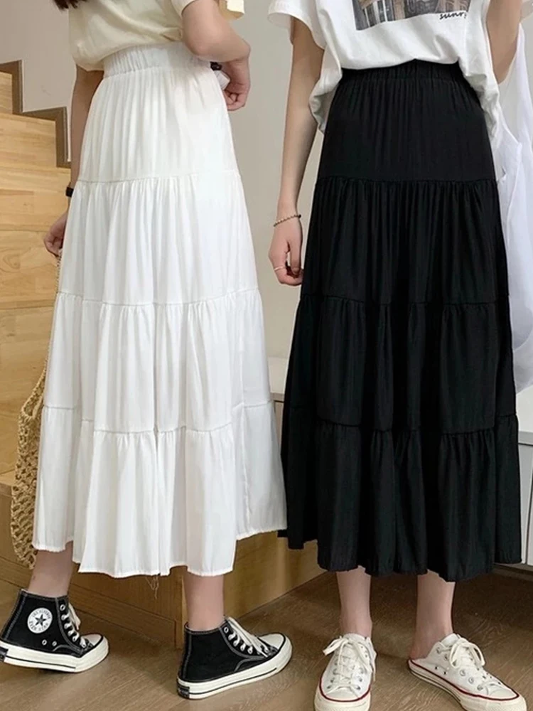 Spring Summer Women Chiffon Skirts Vintage High Waist Elastic Patchwork White Black Chic Long Cake A-line Skirt for Student
