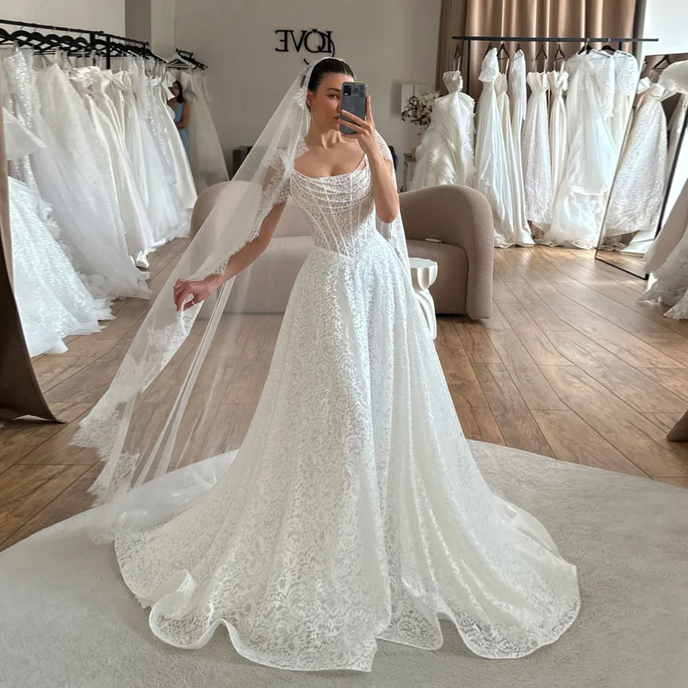 MCDV الدانتيل زين ألف خط فساتين الزفاف السباغيتي حزام فستان زفاف ساحة طوق بوهو اللؤلؤ فستان الزفاف مخصص 2026