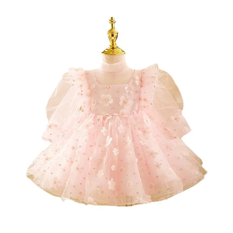 Vestido de baile em camadas de malha personalizado, vestidos de princesa, manga longa, vestido de festa de aniversário infantil, rosa doce, elegante, casamento, flor, meninas