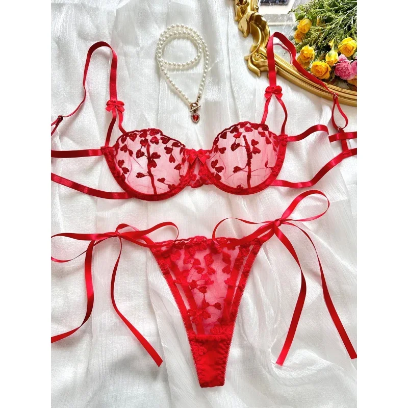 Women\'s Sexy Underwear Style Romantic Love Embroidery Sexy Sling See-through Mesh with Steel Ring Panties Set