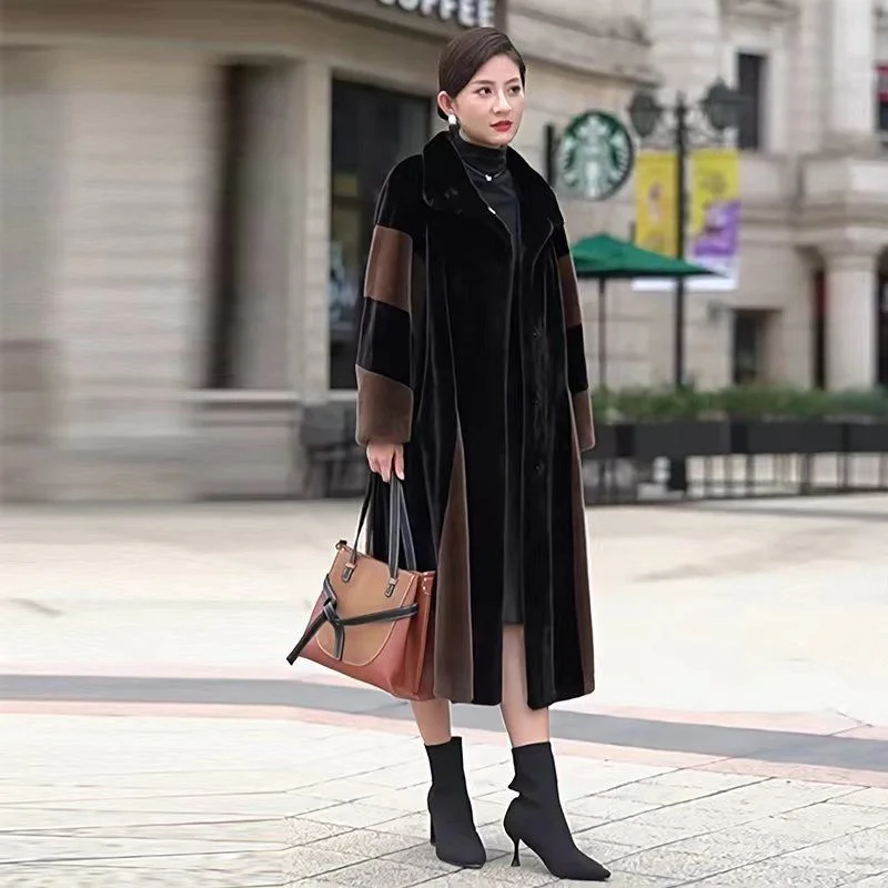 Otoño Invierno mujer chaqueta larga de piel integrada 2025 mujer de manga larga abrigo de piel sintética señoras cuello alto Tops de felpa prendas de vestir