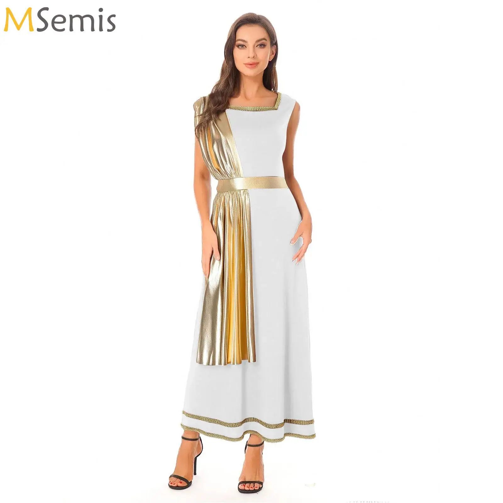 

Women Ancient Greek Roman Tunic Dress Gold Trim Metallic Drape Robe Toga Halloween Goddess Cosplay Roman Empress Costume