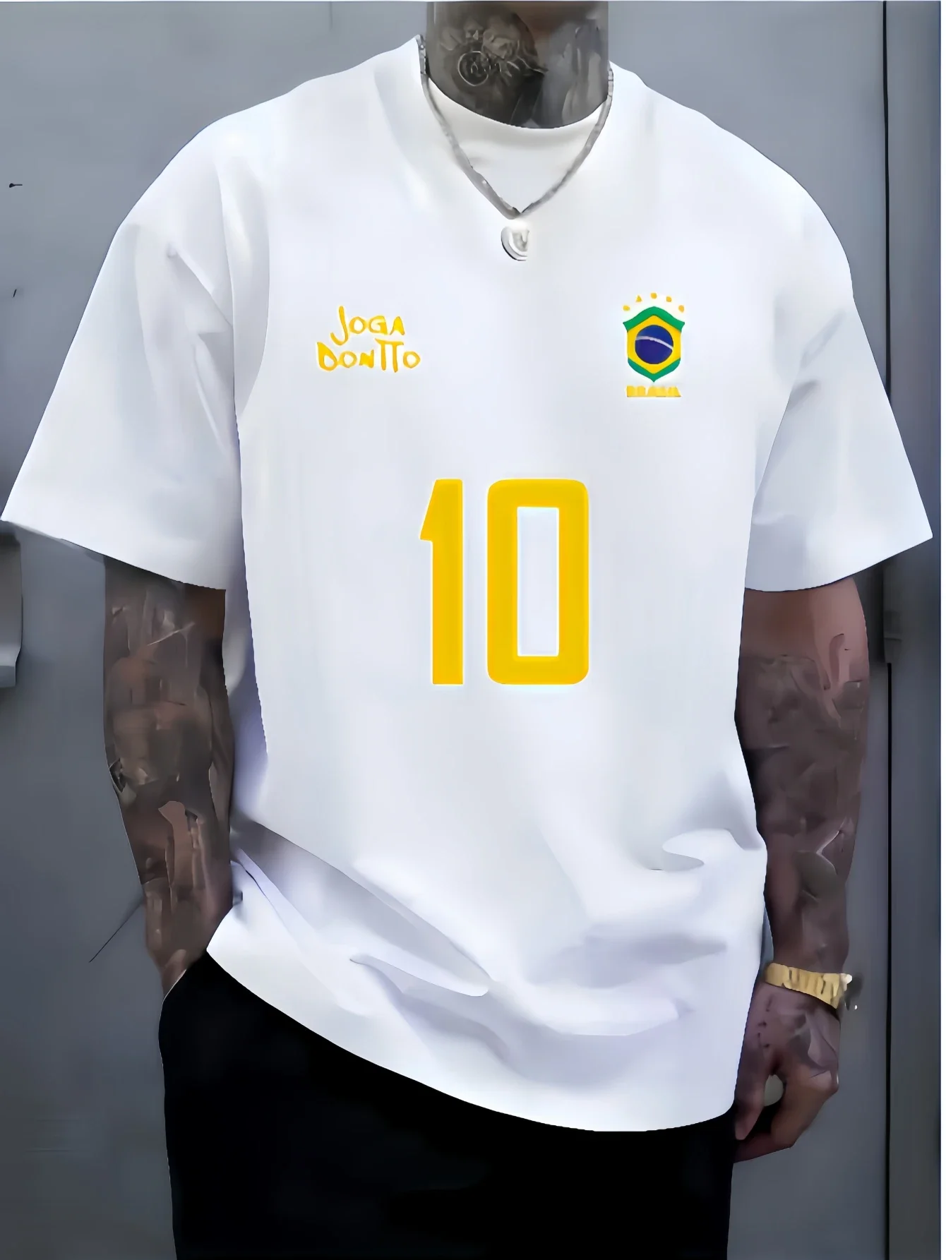 Camiseta Gráfica de Fútbol para Hombre, 100% Algodón, Brasil 10, Estampado de Letras Joga Bonito, Corte Holgado, Suave y Transpirable, para Fanáticos del Fútbol, Uso Diario