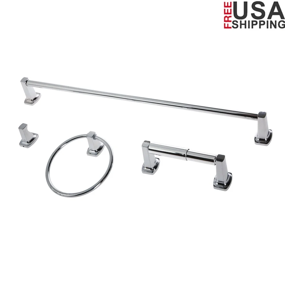

Square Style Steel Wall Mount Towel Holder Set 4 Piece Bath Hardware Chrome Finish Includes Towel Bar Ring Hook Paper Holder