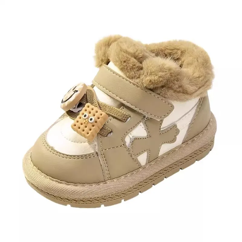 Children Snow Boots Girls Cartoon Button Thick Plush Snow Boots Baby Boy Soft Sole Cotton Shoes Size 15-25