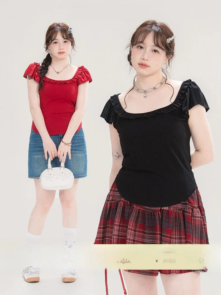 

Heynew Red Lace Trim Flounce Sve T-irt Summer Square Ne Slimming Bal Top for plus Size Women Commute Sle