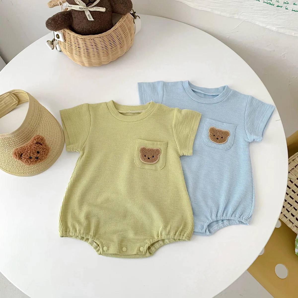 Summer Baby Clothes Newborn bodypsuit Boy Romper Solid Color with Pockets Bear Embroidery Print 0 to 2 Years Infants Clothes