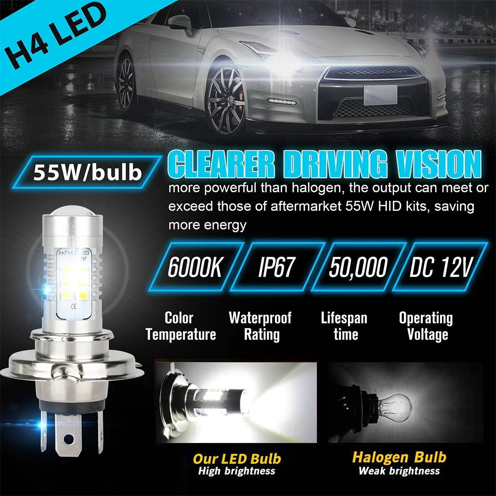 H4 9003 HB2 Headlight Conversion Kit Super Bright 12V Car Running Lamp IP67 Waterproof LED Driving Light White Aluminum 15000LM