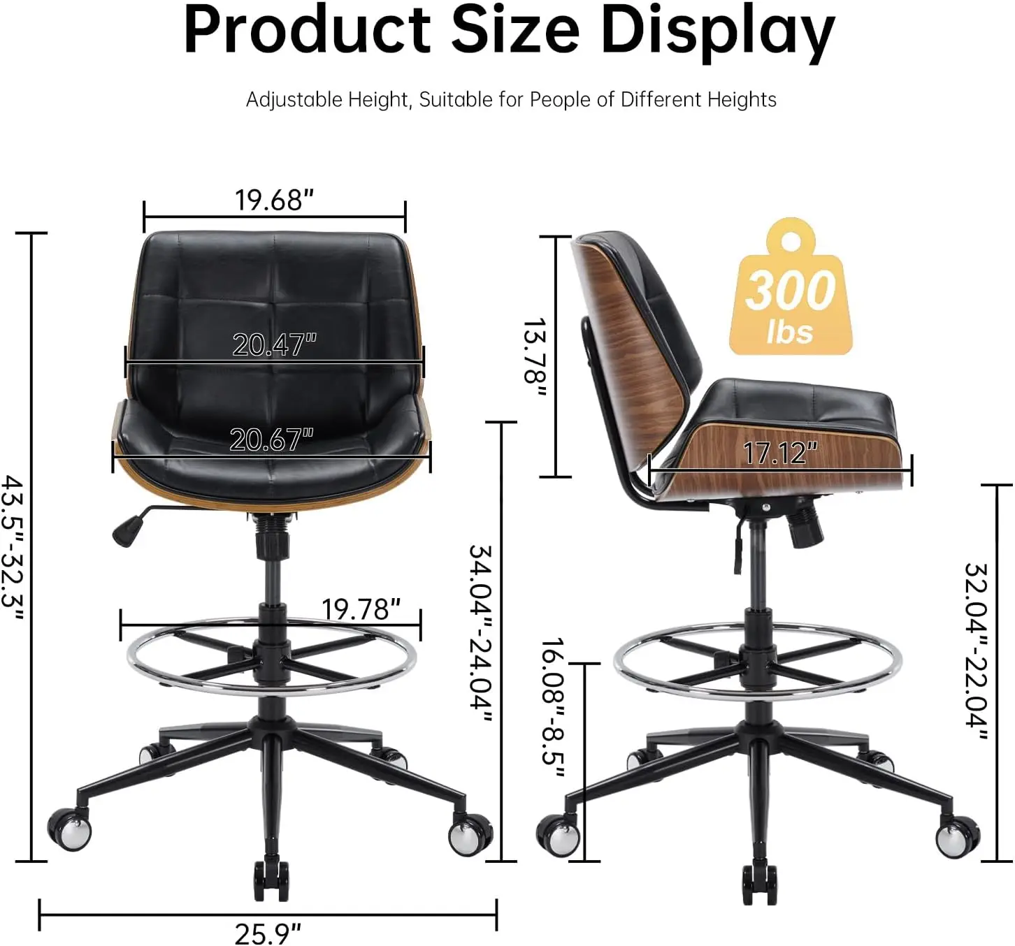 Drafting Office Chair, Ergonomic, Black, with Adjustable Height and Footrest Ring for Counter Height Desk