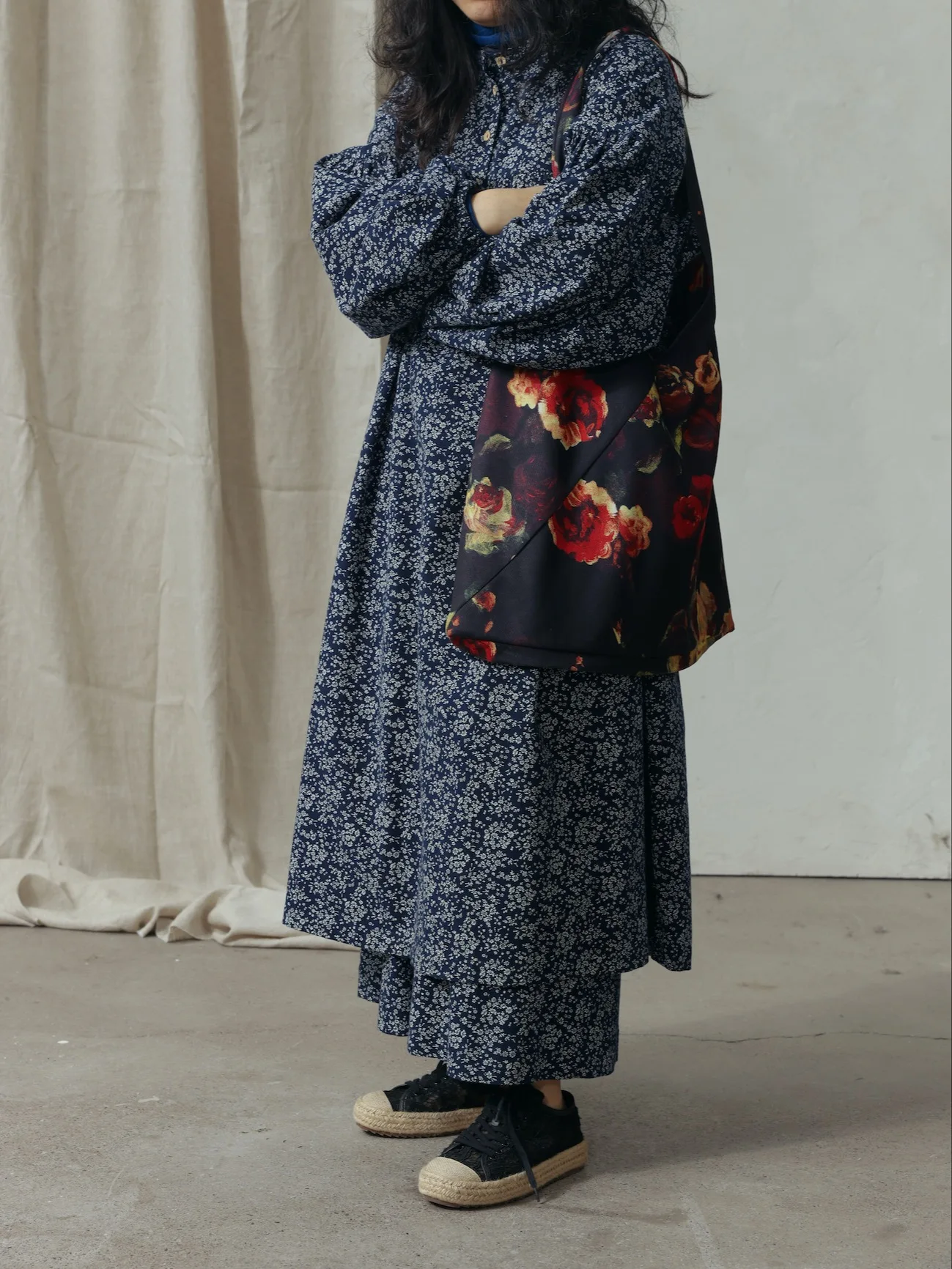 Tendblank 프렌치 스타일 코튼 플로럴 프린트 셔츠 드레스 랜턴 슬리브 스탠드 칼라 롱 드레스 여성 루즈핏 시티 통근