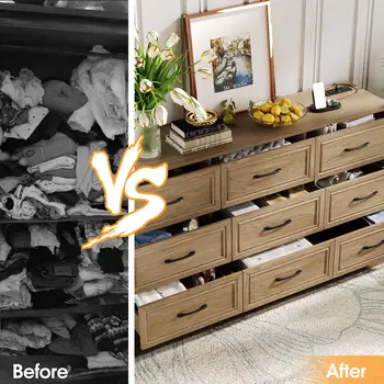 Vabches 臥室木質梳妝台,9 個抽屜,附電源插座和金屬把手,可作為走廊收納櫃。 10 最佳銷售 九抽屜櫃 - №6