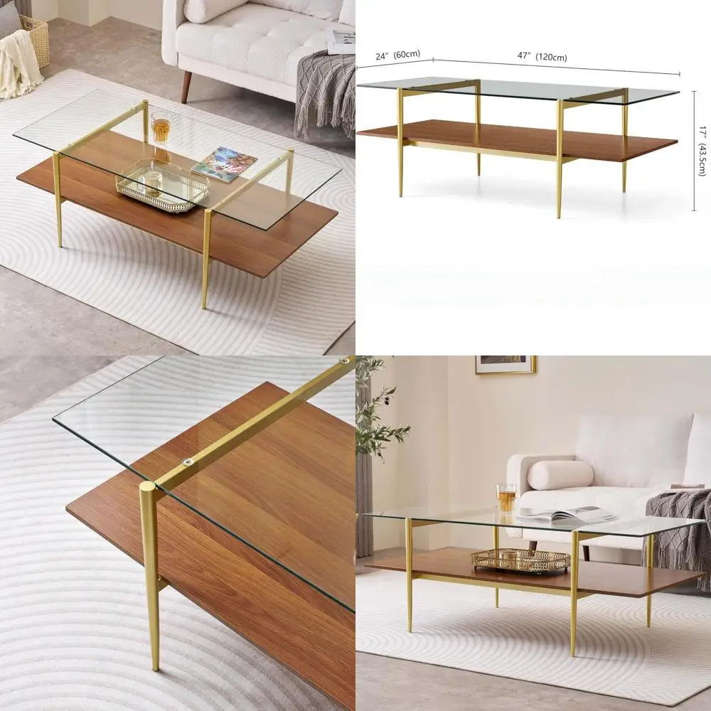 

Large Rectangular Glass Coffee Table with Mid-Century Modern Style, Suitable for Living Room, Dimensions 47 L x 24 W x 17 H, Fea