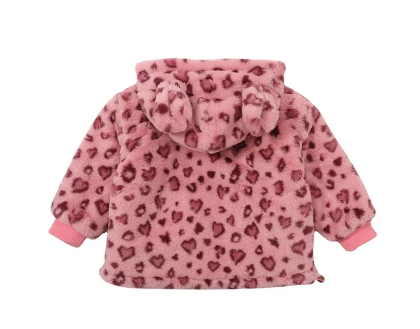 2022 Plush girls\' Pink Leopard Print Plush coat baby winter clothes children\'s Korean version western style hooded top fashion