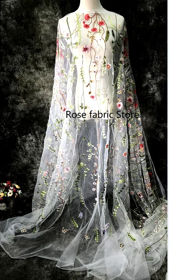 Multicolored floral embroidered lace fabric floral ivory tulle for girl dress wedding dress veil lace 51