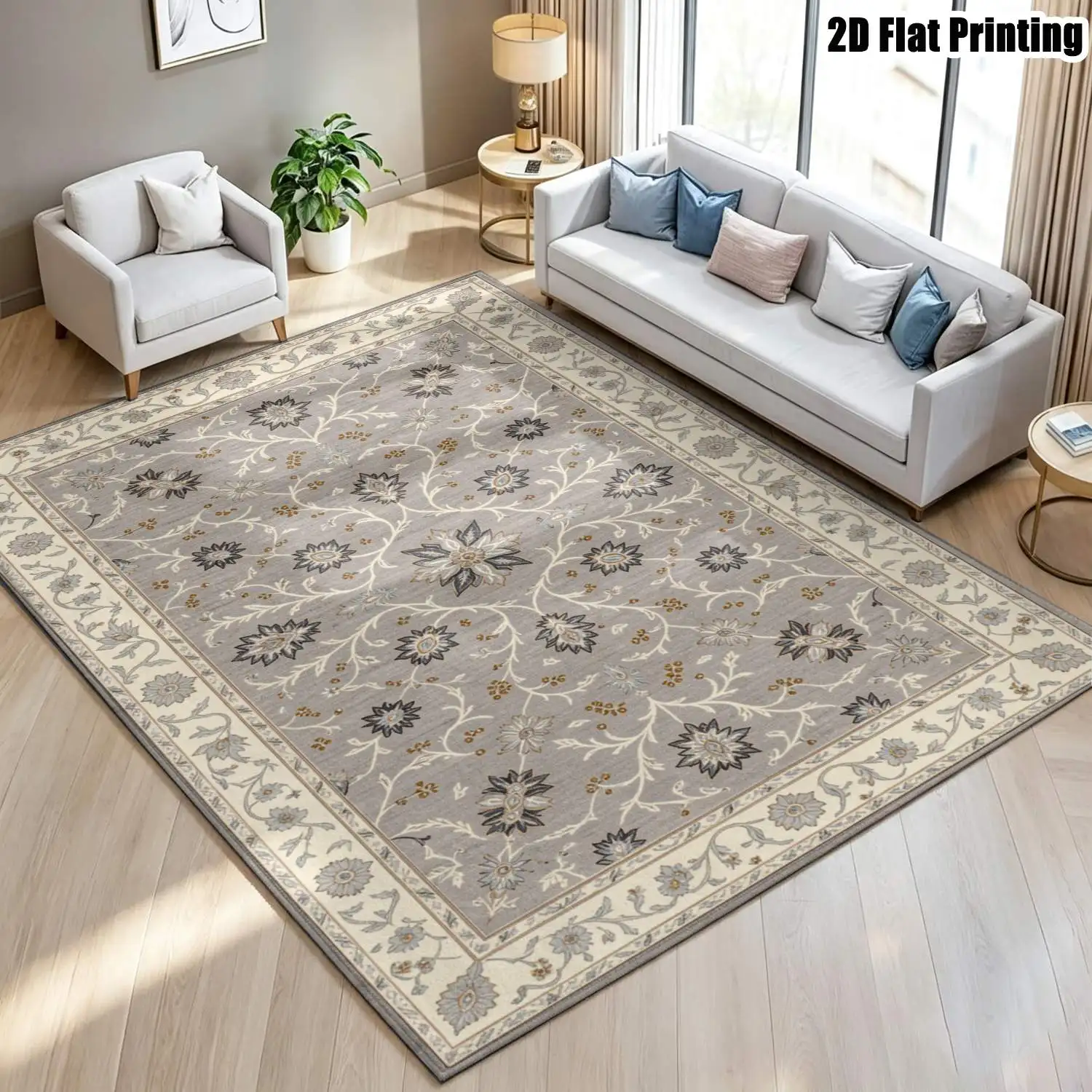 1Pc 2D Printed Light Gray-Blue Floral Pattern Carpet: European, Modern Minimalist, Vintage, Geometric Styles Multi-Size, Machine-Washable Home Decor for Entrance, Dining Room, Foyer, Bedroom, Living Room.