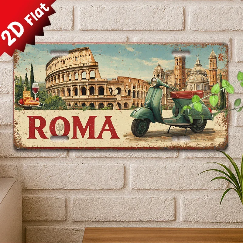 2D Flat - Vintage 2D Metal Lettering | Decorative Aluminum Wall Plaque Featuring Rome'S Colosseum and Pantheon with Scooter,