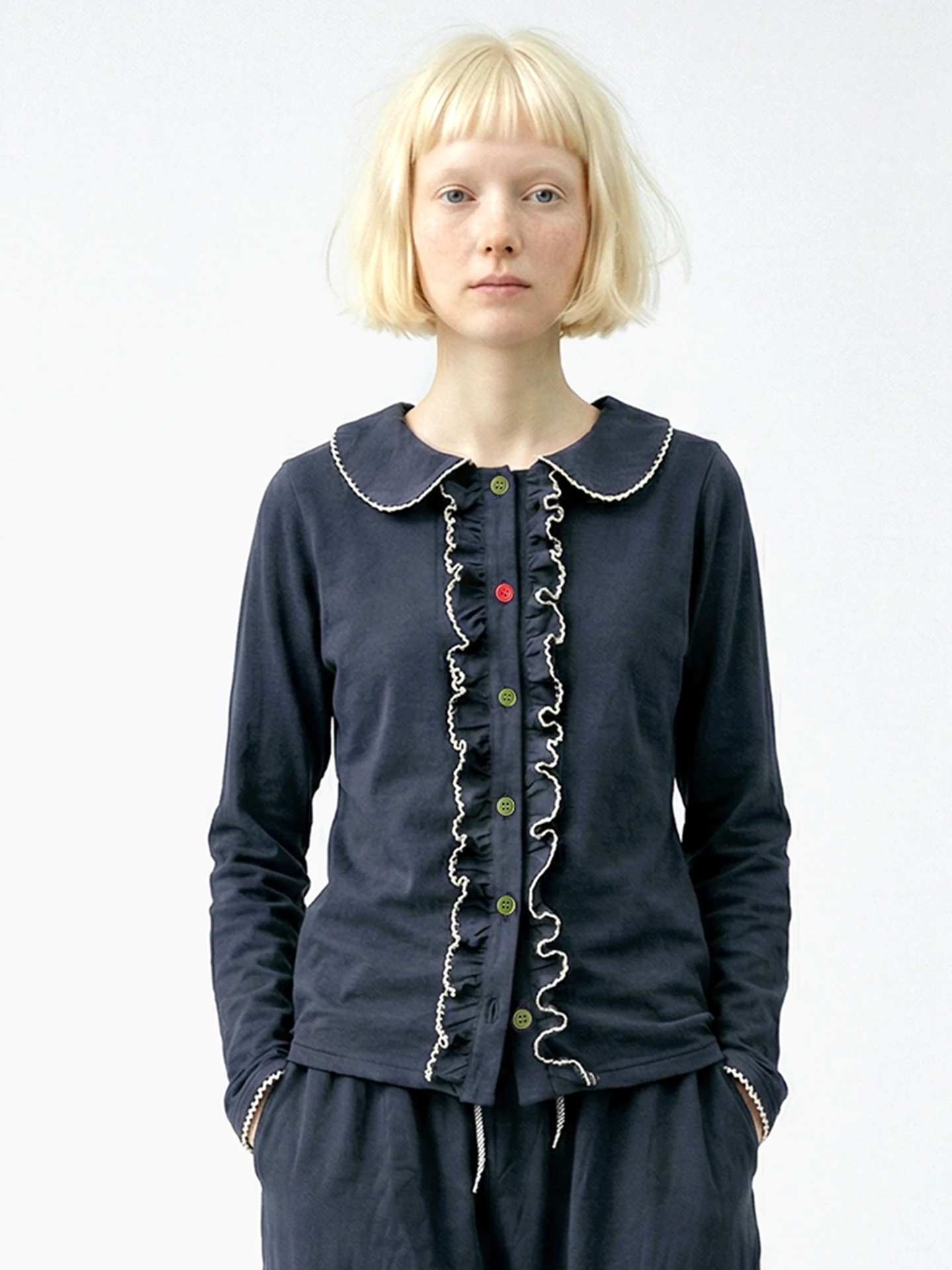 

Женский кардиган с воротником Питер Пэн, рюшами и пуговицами, в японском стиле, с длинными рукавами, вязаный топ 265379