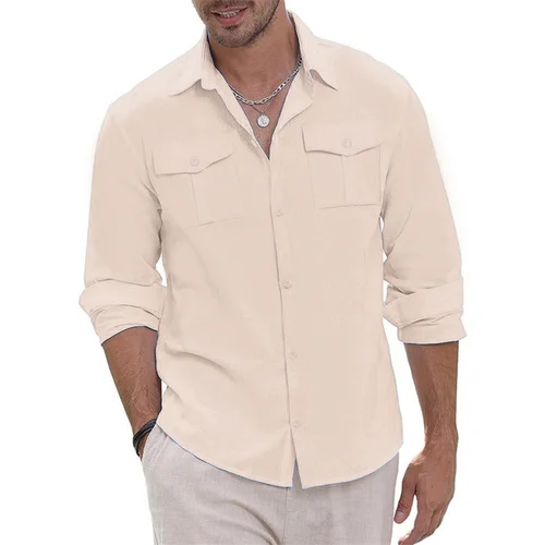 Imagen 2 del producto Camisa de otoño para hombre, Tops Cargo con dos bolsillos de lino y algodón, camisas informales elegantes de manga larga con cuello vuelto y una hilera de botones