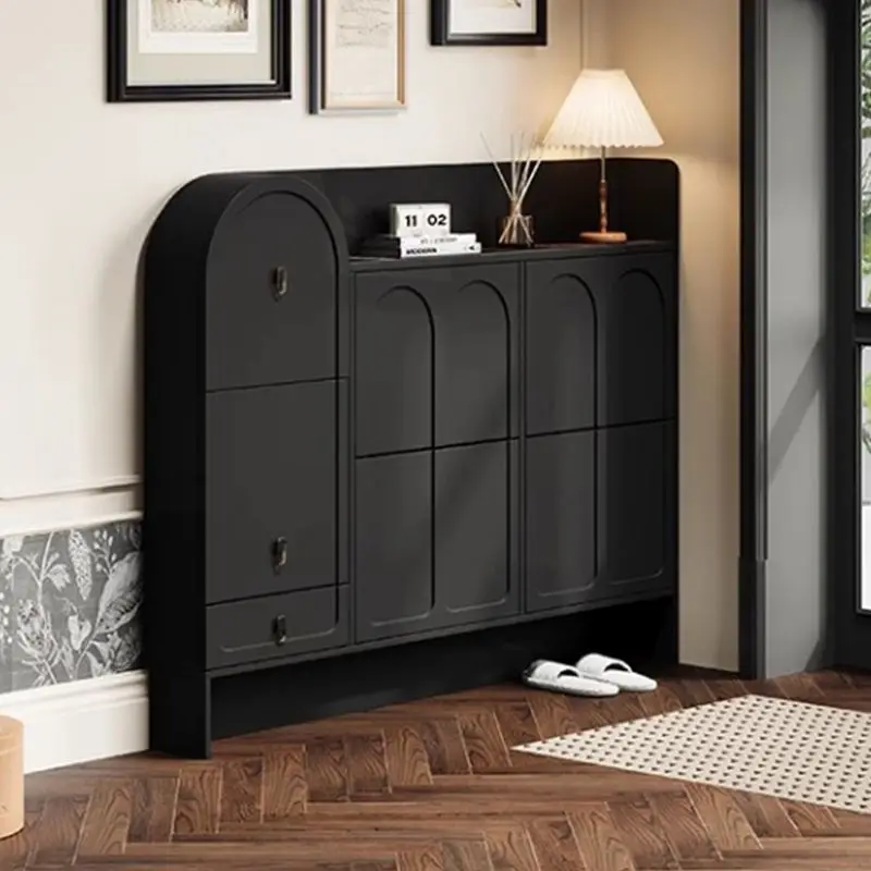 

Simple French retro shoe cabinet, shoe stool integrated door entry against the wall Tipping bucket entrance Black solid wood