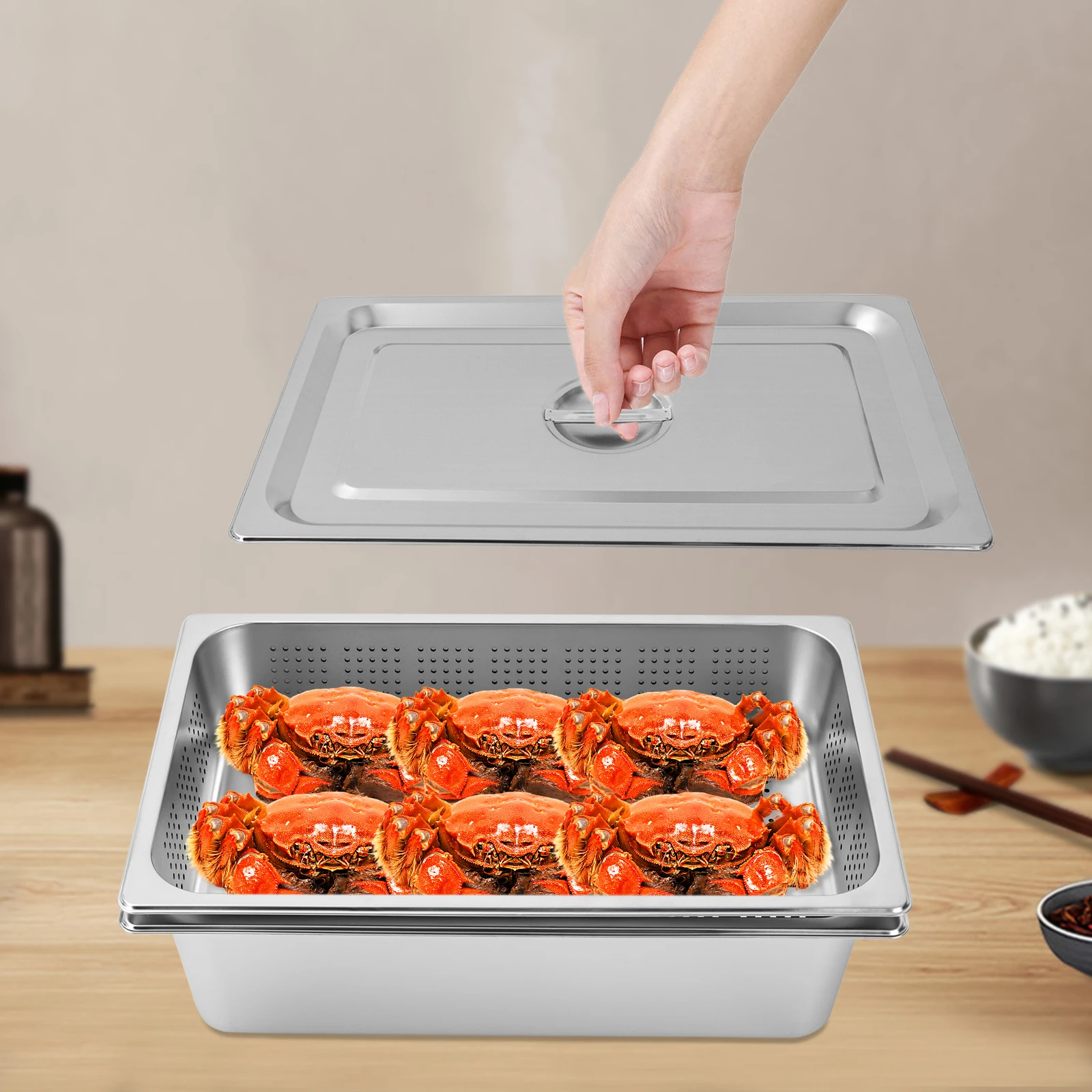 

3-Pack Commercial Stainless Steel Hotel Pan Set with Lids, 4" & 6" Deep Steam Table Pans, Kitchen Supplies, Food Warmer Trays
