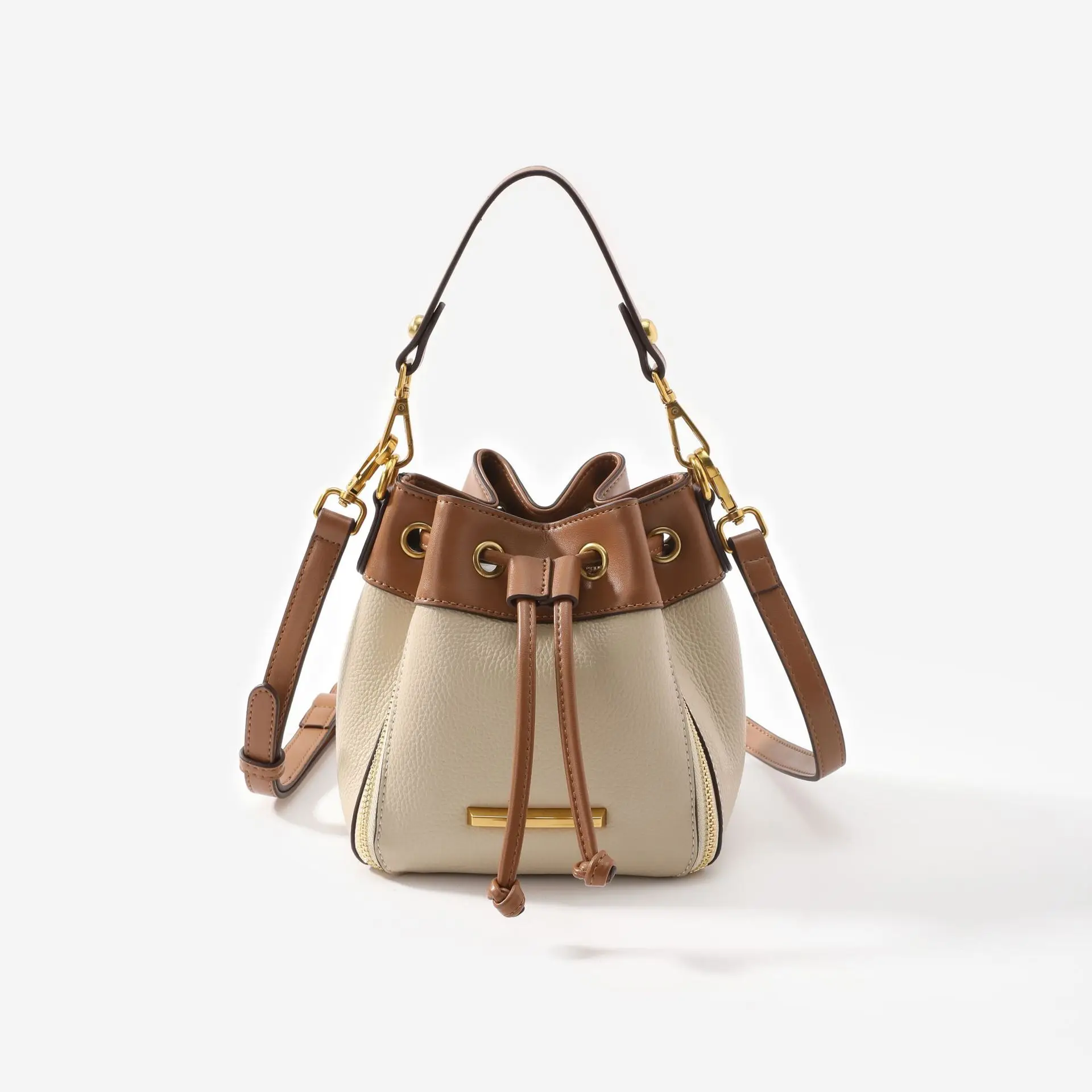 Drawcord Leather Bucket Shoulder Bag 2024 Beige Color Lady Crossbody Bag Purse External Zipper Decorate Handbag