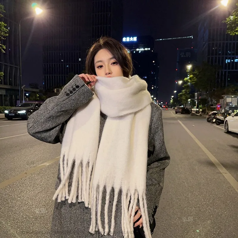 New Mohair Solid Color Scarf for Women in Winter Warm Scarf Thick Yarn Knit Coarse Tassel Shawl for Outer Wear