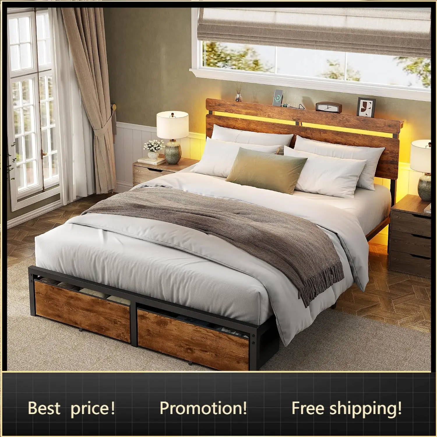 Forestell Queen Bed Frame with Wood Headboard,2 Storage Drawers & Shelf | Built-in Charging Station & LED Lights, Metal Support,