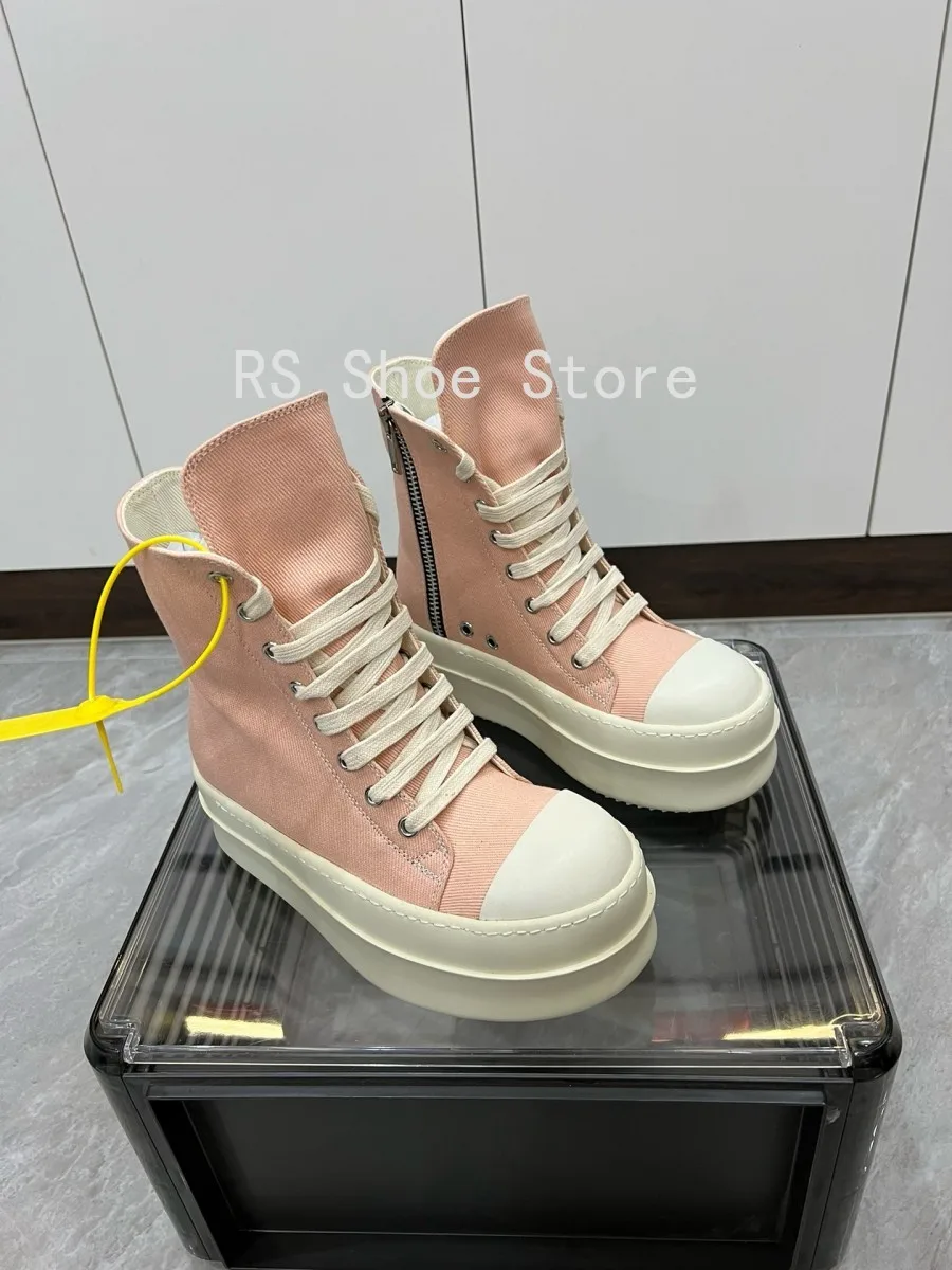 Ro الكلاسيكية الرجال حذاء بوت بطول الكاحل النساء عالية أعلى حذاء كاجوال سستة الدانتيل يصل 6 سنتيمتر سميكة وحيد حذاء الوردي أحذية رياضية من قماش القنب الأحذية