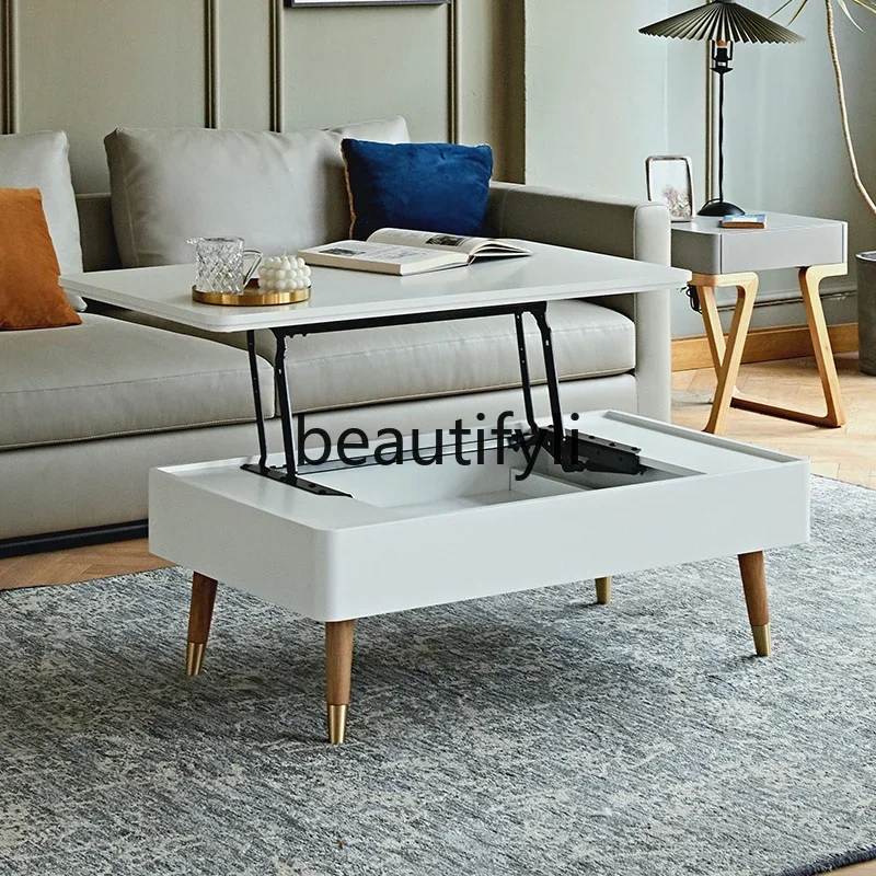 

Круглый подъемный журнальный столик, скандинавский минималистичный многофункциональный столик для маленькой квартиры, белая краска, второй сменный столик