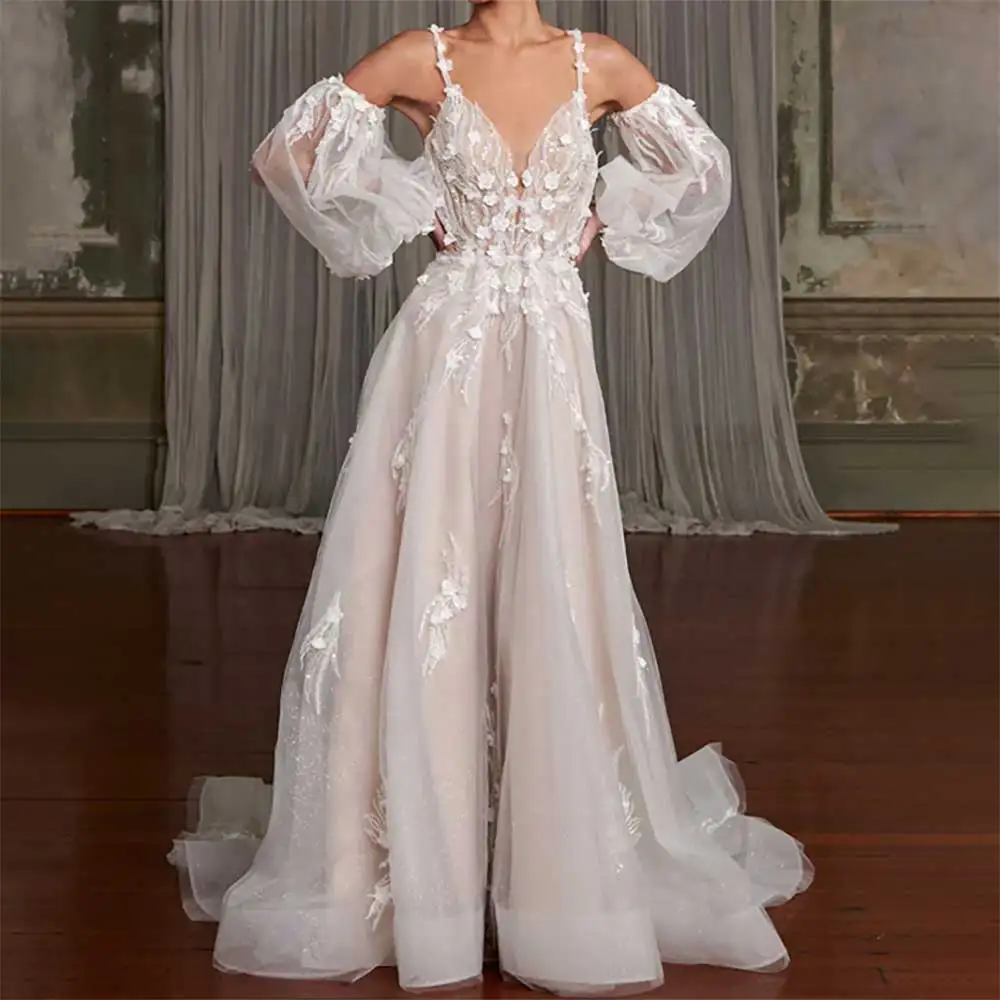 

Elegant V-Neck Lace Wedding Dress with Long Train Sexy Backless Bride Gowns for Women A-Line Sheer Tulle Bridal Dress 2025