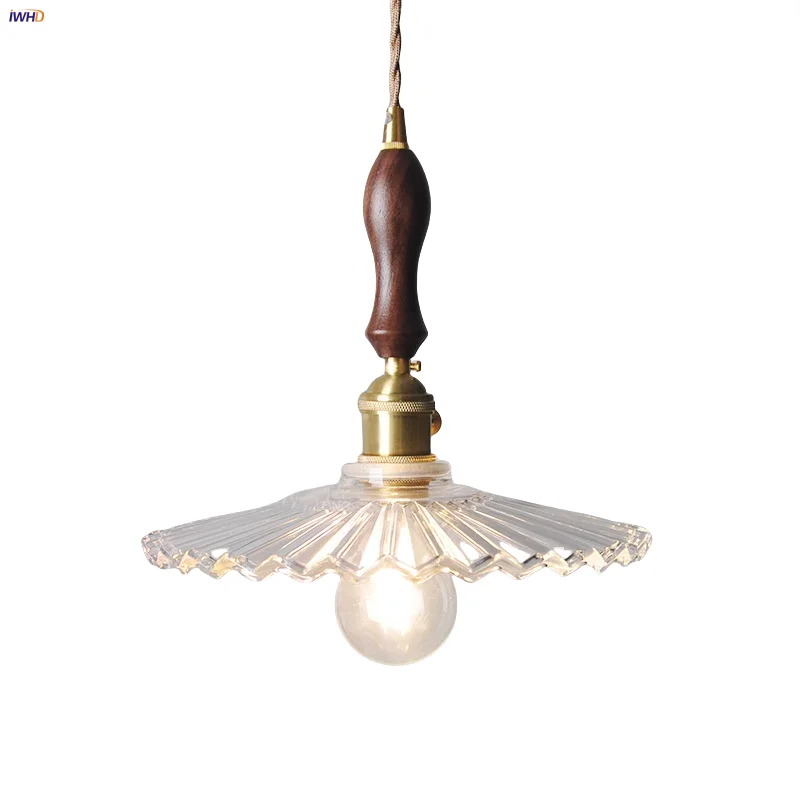 

IWHD Knob Switch LED Pendant Lights Bathroom Kitchen Porch Nordic Modern Clear Glass Walnut Wire Adjustable Hanging Lamp Lampara