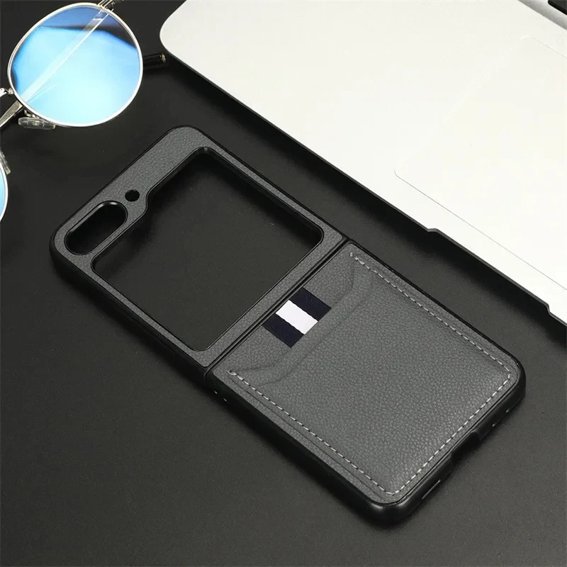 Leather Hard Shell Phone Case for Samsung Galaxy Z Flip 3 4 5 6 Flip5 Flip4 Flip3 5G with Card Holde Fall Protection Sleeve Cove