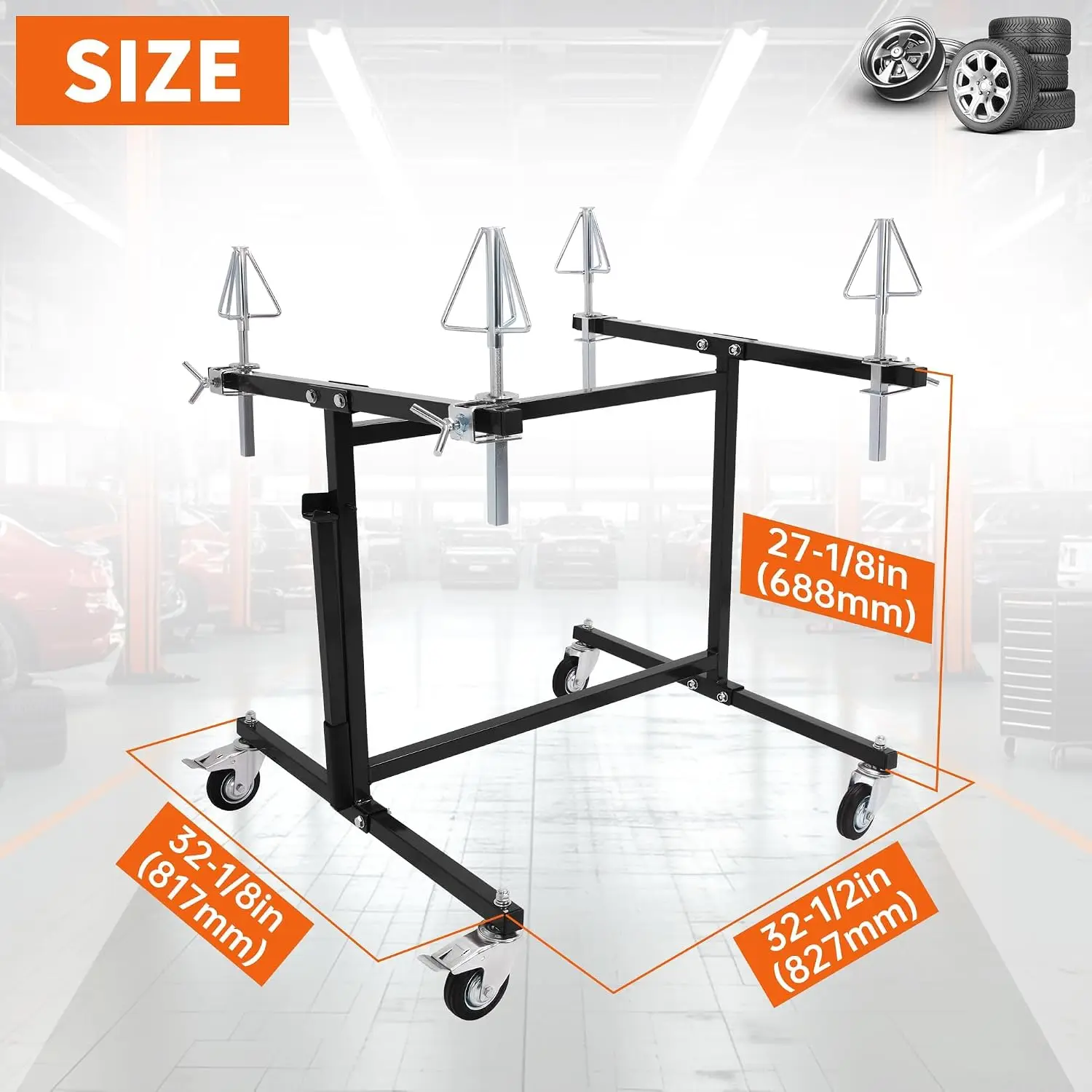 Rotating Portable Universal Wheel Paint Stand Rack Holder Wheel Rim Painting Display Support Tool Heavy Duty Metal Auto Repair Storage Organizer Station With Adjustable Design For Garage Workshop Black