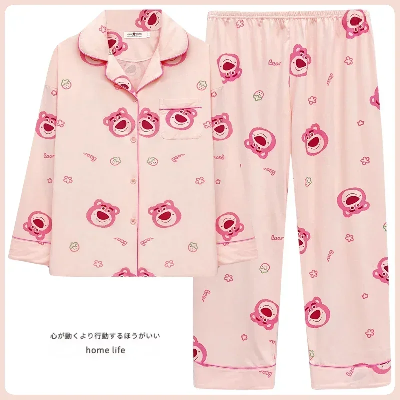 Nuevo pijama de mujer de oso de fresa de Disney, pantalones de manga larga de algodón de otoño, pijamas informales de dos piezas para mujer, conjunto de ropa de casa