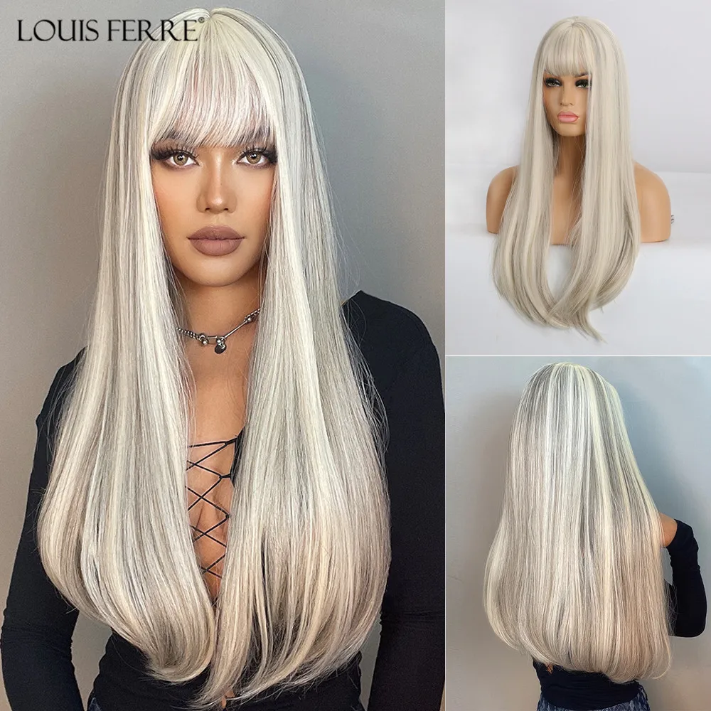 LOUIS FERRE Synthetic Long White Wigs with Bangs Cosplay Straight Wigs with Brown Highlight Natural Fake Hair for Black Women