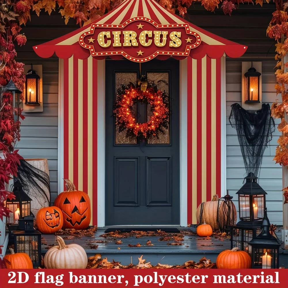 2D Flat 1pc Horror Circus Halloween Banner, Carnival Themed Wall Hanging Sign, Indoor Outdoor Courtyard Backdrop Decor