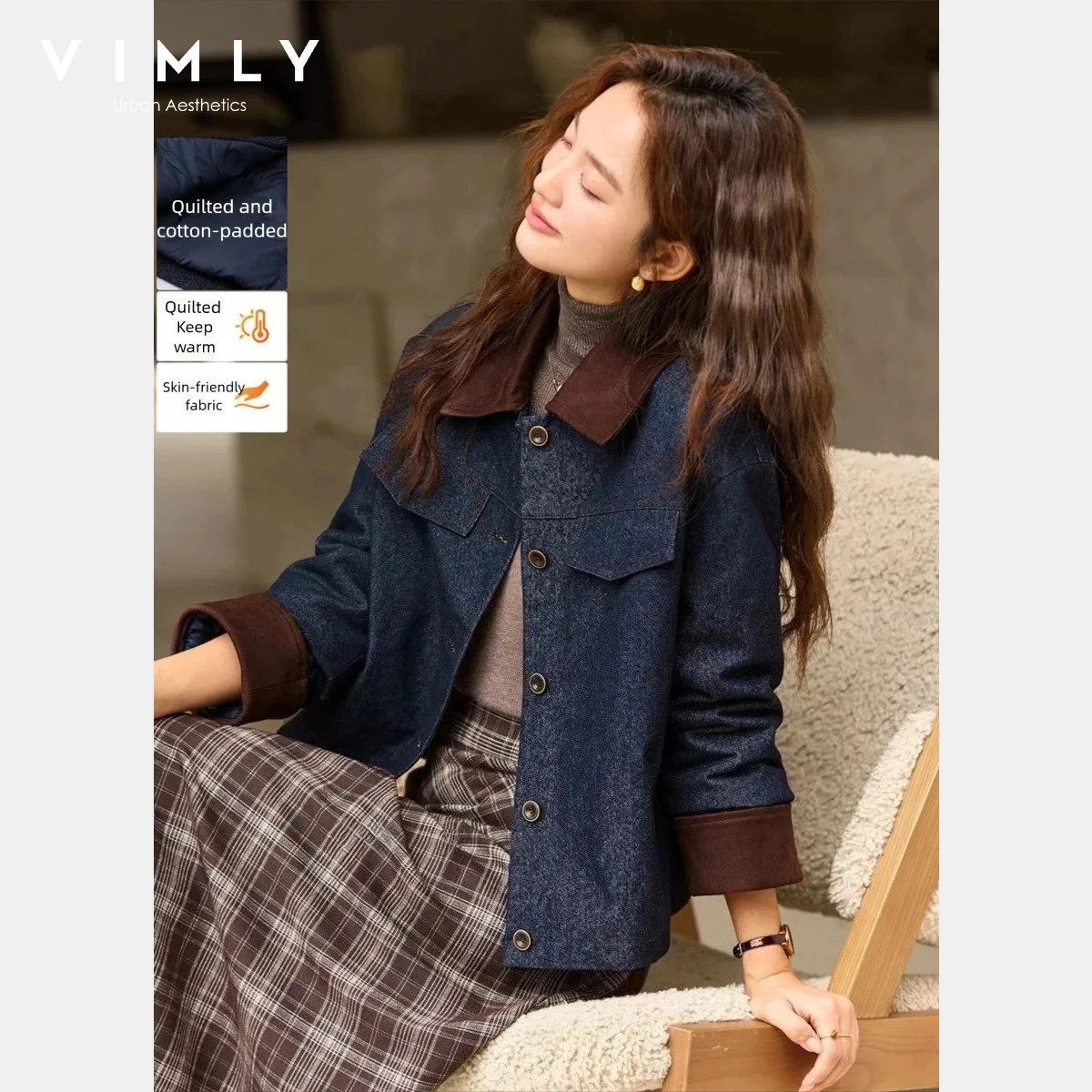 

VIMLY Vintage Jacket for Women 2025 Winter Contrast Color Lapel Collar Short Coats Commuting Thicken Commuting Lady Coats A3306